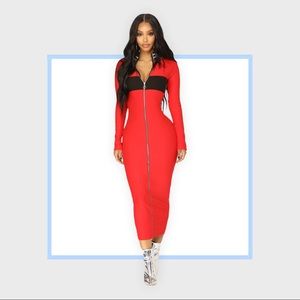 Sweet and sporty full zip maxi body-con black red dress